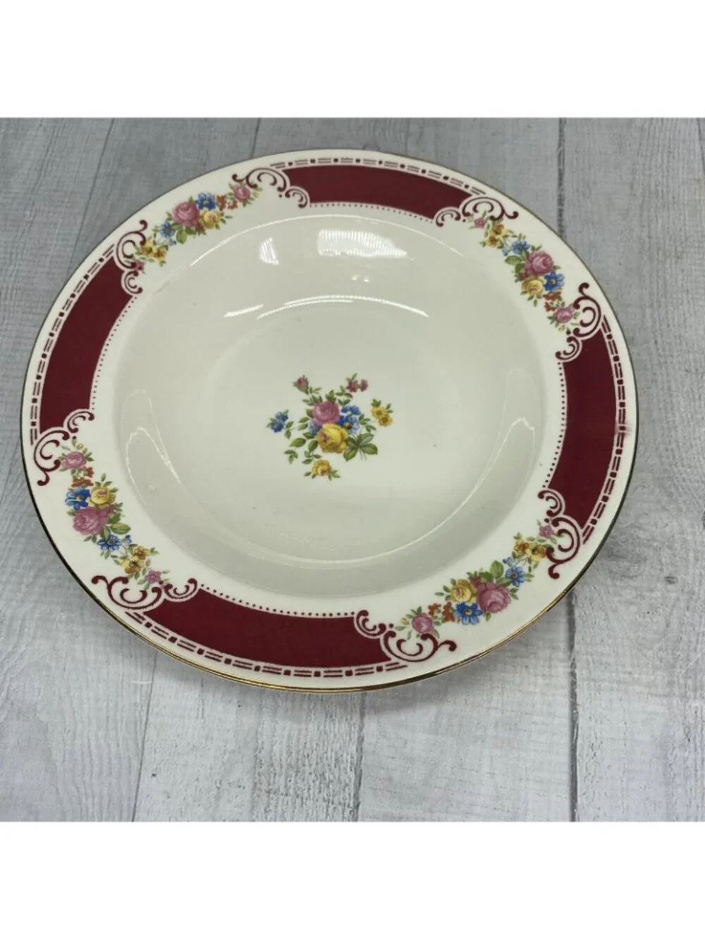 MCM Homer  Laughlin HL1060 Red Insets Pink Blue Yellow Flowers Soup Bowls Set 4